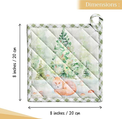 Maison d' Hermine Pot Holders Set 100% Cotton Heat Resistant Potholders 8" x 8" Hot Pads with Loop for Thanksgiving Christmas Decorations BBQ Baking Handling Hot Pans (Pack of 2, Winter Mornings)