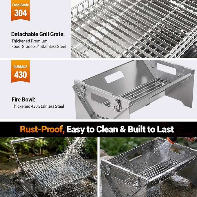 Portable Gas Grill,360° Rotating Charcoal Grill,Stainless Steel Flipping Camping Barbecue Grill with Carry Bag,Detachable BBQ Grill & Fire Pit for Outdoor Cooking,Camping,Tailgating, Patio & Backyard
