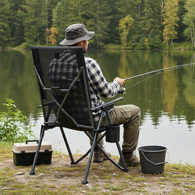 EVER ADVANCED Teslin Reclining Camping Chairs for Adult Lightweight, Portable Compact Folding Chair with Adjustable Back, 4-Level Recliner Chairs, Lawn Chair for Patio Balcony, Supports 300lbs, Black