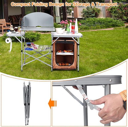 Giantex Folding Grill Table with 26'' Tabletop and Detachable Windscreen, Aluminum Portable Camp Cook Station Carry Bag Quick Set-up, BBQ Camping Picnic Backyard Outdoor Camping Kitchen Table (Brown)