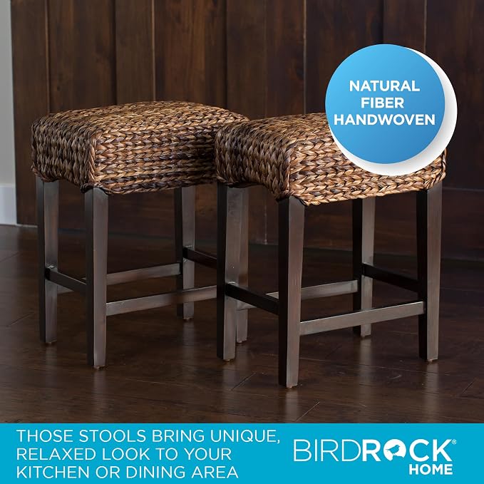 BIRDROCK HOME Seagrass Backless Counter Height Barstool Set of 2, 24.5" H | Backless Counter Stools for Kitchen, Bar, Dining Room, Fully Assembled Mahogany Wooden Barstools with Seagrass Seat