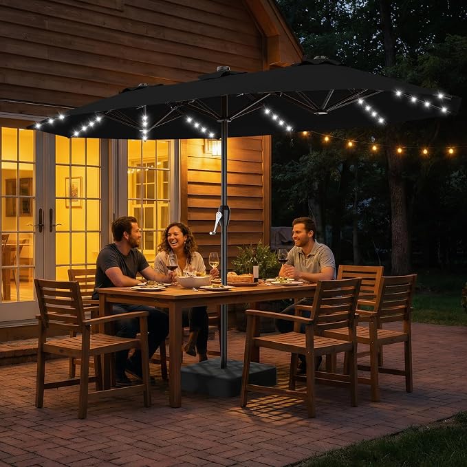 AreShark 15FT Patio Umbrella with Solar Lights, Double Sided Outdoor Table Umbrellas with Crank, Large Rectangular Market Umbrella for Porch, Lawn, Pool, Backyard, Dark Black