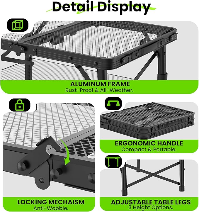 WildFinder Folding Camping Table, 3 Adjustable Height Max 27.5" Portable Grill Table with Mesh Bag, 2x1.3 FT Picnic Table for Outside, Camping, BBQ, Beach, Patio(Black)