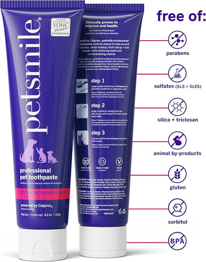 Petsmile Teeth Brushing Kit, Toothpaste + Brush, Rotisserie Chicken 4.2 Oz | Pet Toothpaste + 45° Patented Toothbrush, VOHC Accepted, Calprox® Powered, 6-Month Supply, Human-Grade, Clinically Proven