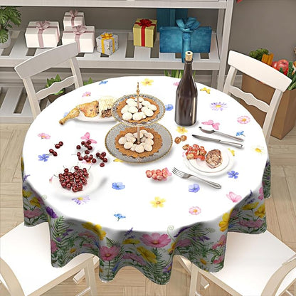 Sweetshow Spring Summer Colorful Floral Table Cloth Round Yellow Pink Purple Wildflowers Butterflies Tablecloth 70 Inch Decor Washable Stain and Wrinkle Spring Round Table Cover for Dining Picnic