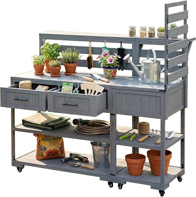 62 Inch Patio Kitchen Island with Stainless Steel Top, Gray | Gray fir wood, stainless steel top, garden or patio, raised shelf, 2 drawers, lockable wheels, modular design, 62.3 in L