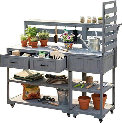 62 Inch Patio Kitchen Island with Stainless Steel Top, Gray | Gray fir wood, stainless steel top, garden or patio, raised shelf, 2 drawers, lockable wheels, modular design, 62.3 in L