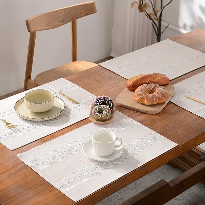 Wracra Cotton Linen Place Mats, Ivory Embroidered Placemats Set of 8 | Placemats 12 x 18 Inch; Cotton Linen Woven Fabric; Heat Resistant Table Mats; Raised Embroidered Hollow Design