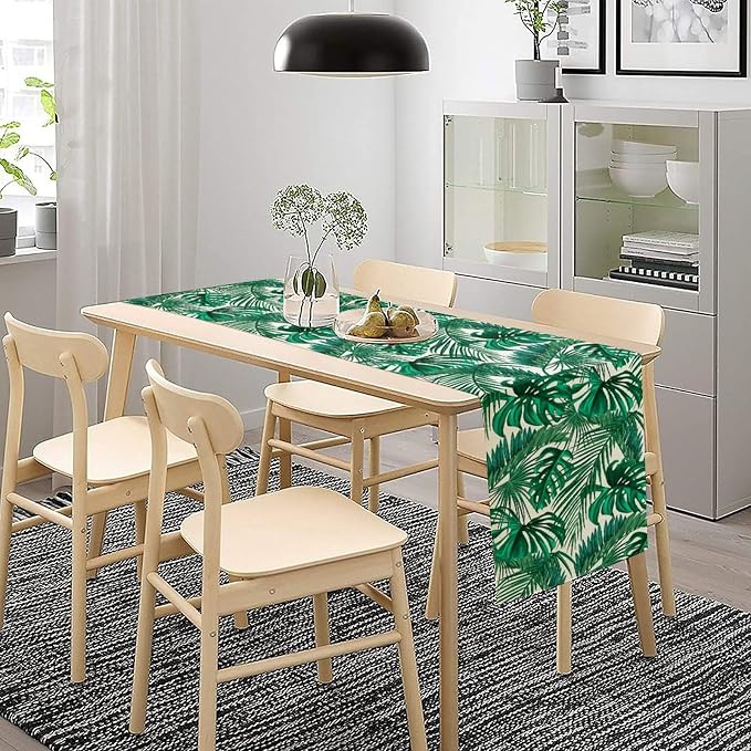 Tropical Leaves Table Runner Jungle Green Plam Tree Leave Retro Boho Hawaii Botanical Plant Spring Seasonal Dinner Runner for Home Farmhouse Kitchen Dining Holiday Party 13x36in