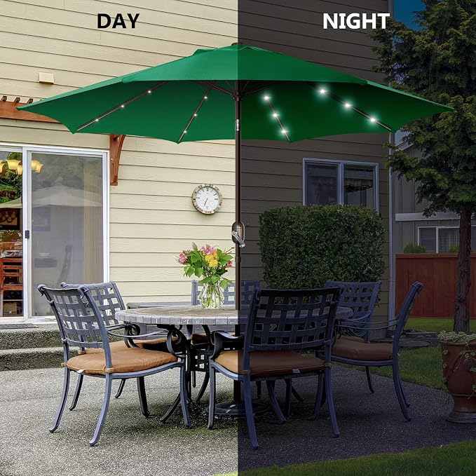Patio Umbrella with Solar Lights, 9ft, 24 LED, Grass Green, Outdoor Umbrella with Push Botton Tilt & Crank, Heavy-Duty, Vented, Ideal for Garden, Backyard & Pool