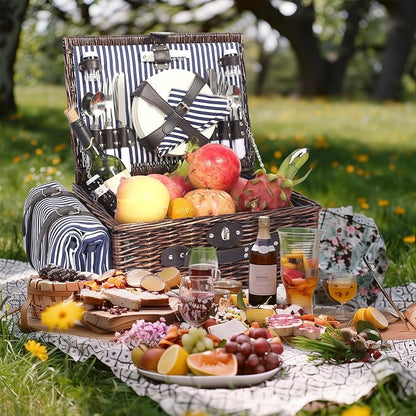 Wicker Picnic Basket Set for 4, Blanket, Cooler Bag, Blue Stripes | Four-Person Wicker Set Includes Tableware, Insulated Food Storage and Waterproof Blanket for Parks, Camping, Dates and Gifts