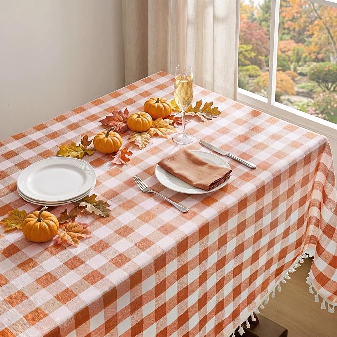 Softalker Fall Checkered Tablecloth Rectangle, Heavy Weight Linen Cotton Gingham Thanksgiving Orange Table Cloth with Tassel, Wrinkle Free Buffalo Plaid Table Cover for Dining Party- 55 x 70 Inch