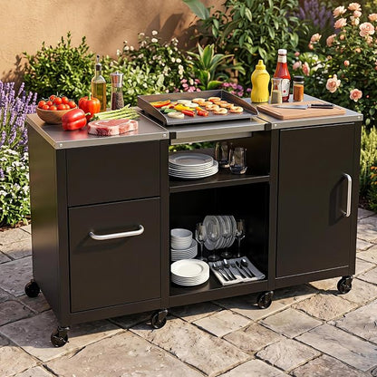 HAPPYGRILL 59” Outdoor Grill Table w/2 Removable Shelves & Storage Cabinets | Heavy-duty BBQ Prep Station w/ Stainless Steel Top, Lockable Universal Wheels, Suitable for Gas Grills & Charcoal Griddles