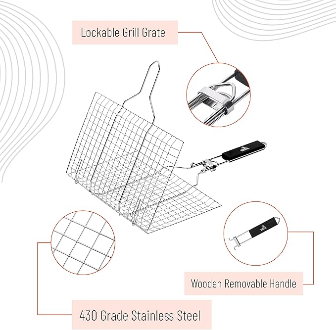 UNCO- Fish Grilling Basket, 2 Sets, Folding Portable Stainless Steel BBQ Grill Basket with Removable Handle and Silicon Basting Brush for Fish, Vegetables, Shrimp, Gifts for Dad, Husband & Friend