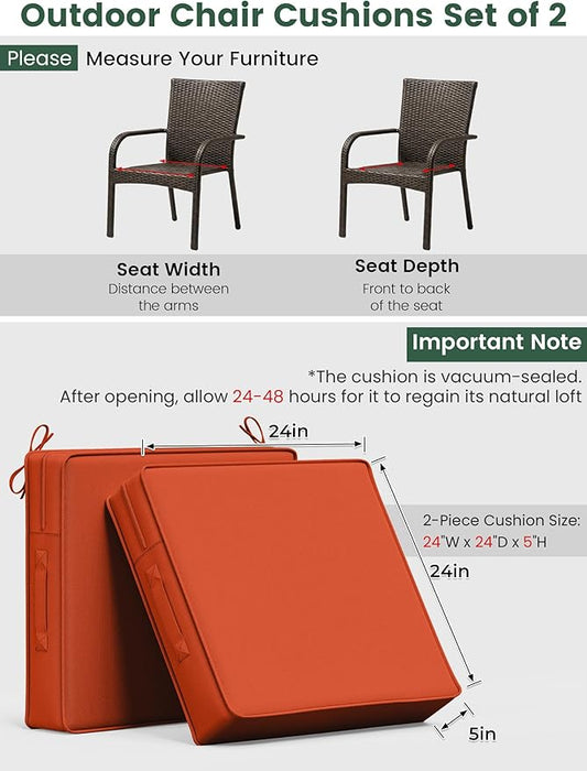 Outdoor Chair Cushion 24 x 24 x 5 Inches Patio Furniture Outdoor Waterproof Seat Cushion, Patio Chair Cushion with Handles and Ties, Square Dining Chair Cushion Set of 2, Orange