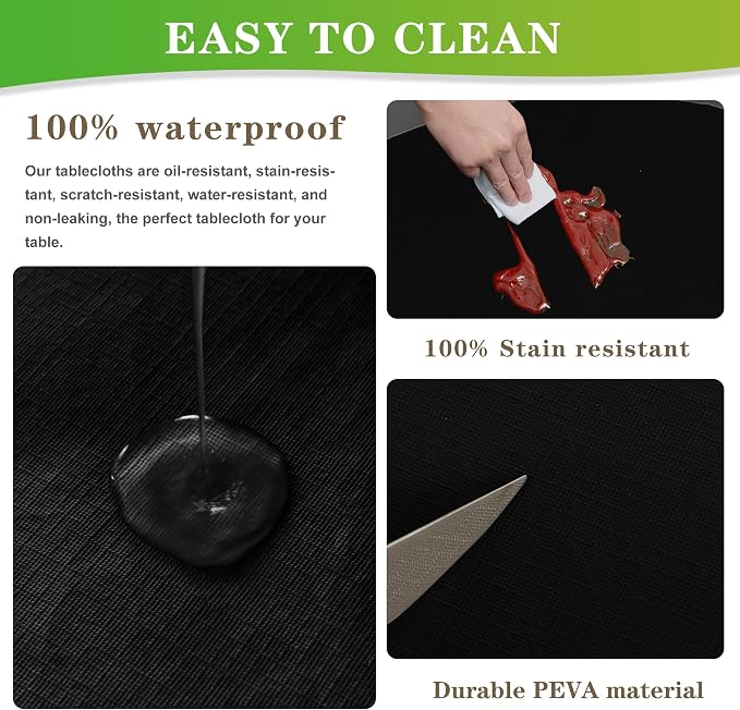 LUSHVIDA Round Waterproof Table Cover Elastic Vinyl Fitted Tablecloth Elastic Edged Plastic Table Cloth (Black, 4PCS Best for Up to 45"-56" Round)