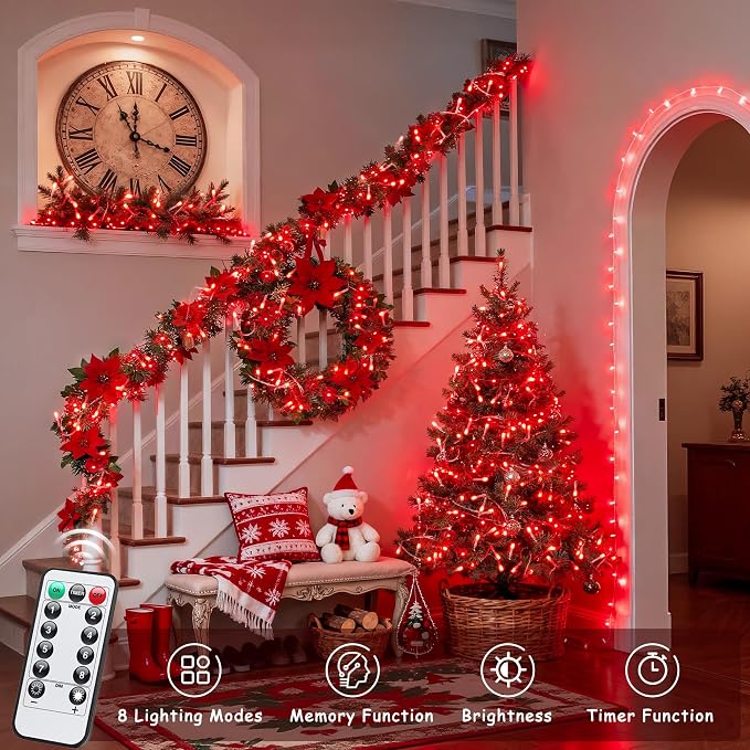JMEXSUSS 33ft 100 LED Red Battery Operated Lights with Remote, Valentine Lights Battery Operated, Christmas String Light Indoor Outdoor for Valentine's Day Tree House Yard Xmas Decor (Pack of 2)