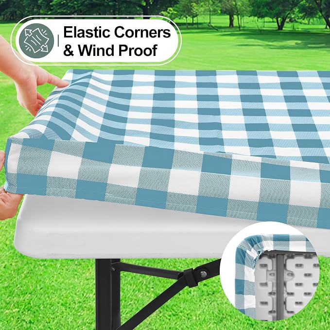 Buffalo Rectangle Picnic Tablecloth, 4 Foot Elastic Fitted Vinyl Table Cloth with Flannel Backing, Waterproof Plaid Table Covers for Dining, Camping, Outdoor (Aqua and White, 24" x 48")