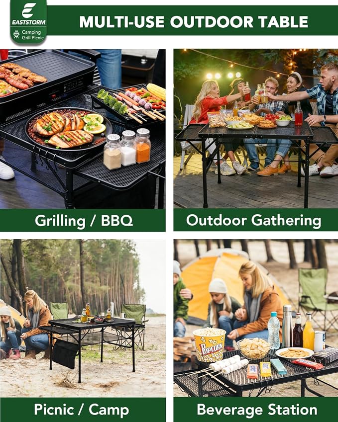 3 Ft Camping Table Foldable, Metal Mesh Grill Table with Side Wing Panels | Black Finish, 2 Adjustable Heights, Storage Net, Paper Towel Holder, Hooks and Trash-Bag Rack for Camping, BBQ and Picnics