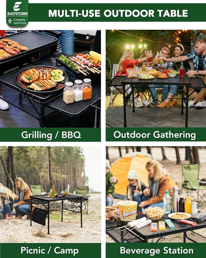 3 Ft Camping Table Foldable, Metal Mesh Grill Table with Side Wing Panels | Black Finish, 2 Adjustable Heights, Storage Net, Paper Towel Holder, Hooks and Trash-Bag Rack for Camping, BBQ and Picnics