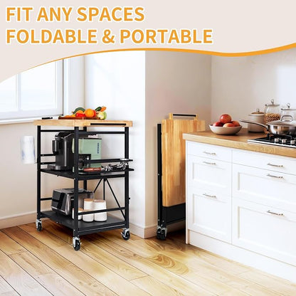 PLKOW Plus-Size Foldable 3-Tier Kitchen Cart with Solid Oak Top, Black | Solid oak top, fold-flat steel frame, 3-tier storage, side organizers, and lockable wheels for kitchens and patios.