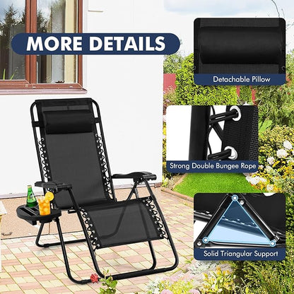 Giantex Zero Gravity Reclining Chair, Outdoor Patio Recliner with Cup Holder & Removable Pillow, Adjustable Backrest, Indoor Lounge Chair for Backyard, Garden, Poolside (Black)