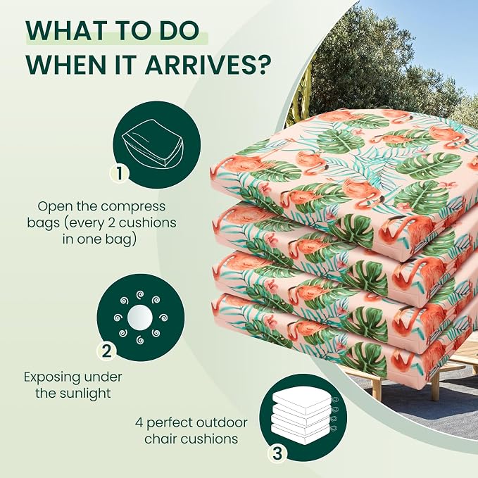 HARBOREST Outdoor Chair Cushions Set of 4, Water Resistant Patio Chair Cushions with Ties, Outdoor Seat Cushions for Patio Furniture, 17"x16"x2", Flamingo
