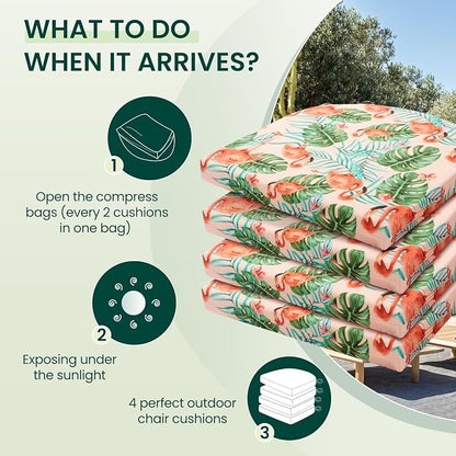 HARBOREST Outdoor Chair Cushions Set of 4, Water Resistant Patio Chair Cushions with Ties, Outdoor Seat Cushions for Patio Furniture, 17"x16"x2", Flamingo