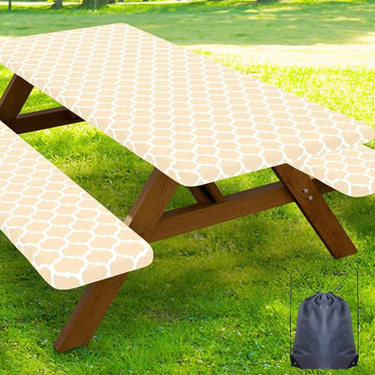 Smiry Picnic Table Cover with Bench Covers, Waterproof Elastic Fitted Tablecloth for 8 Foot Tables, Washable Polyester Tablecloths for Camping, Indoor & Outdoor (Beige, 30x96 Inch 3-pc Set)