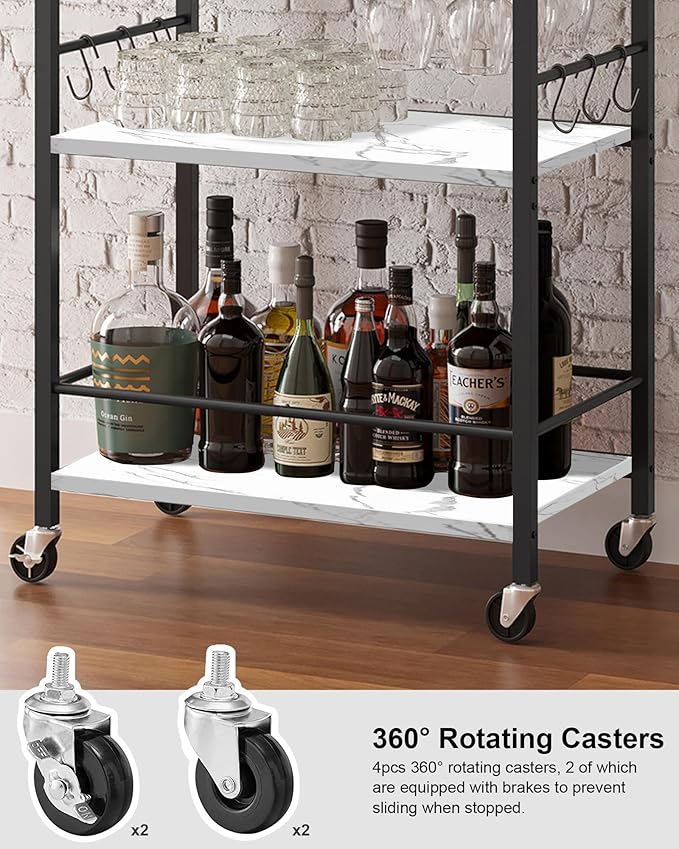 TUTOTAK Bar Cart with Wheels, Mini Drink Cart with Wine Rack & Glass Holder | 3-Tier 17 Inch Wide Home Bar Serving Carts, Small Mobile Kitchen Shelf with 6 Hooks, Marble White BC01BM035