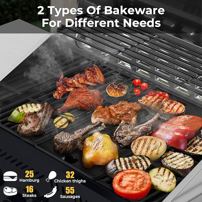 R.W.FLAME 4-Burner Propane Gas Grill with Side Burner, Stainless Steel Propane Grill 42000BTU for Outdoor Cooking, with Porcelain-Enameled Cast Iron Grates, Baking Pan, Silver