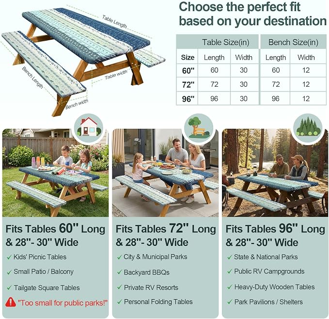 Picnic Table Cover with Bench Covers Camping Essentials Waterproof Windproof Camping Tablecloth with Drawstring Bag, Fitted Rectangle Tables and Seats, 72in, Bohemian