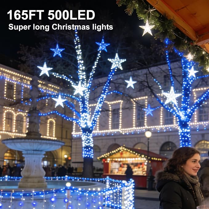 Blue White Christmas Fairy String Lights, 165FT 500L Indoor Outdoor | 8 Modes with Memory, IP65 Waterproof, Clear Wire, Tangle-Free Design for Bedroom Garden Wedding Wall Tree Party