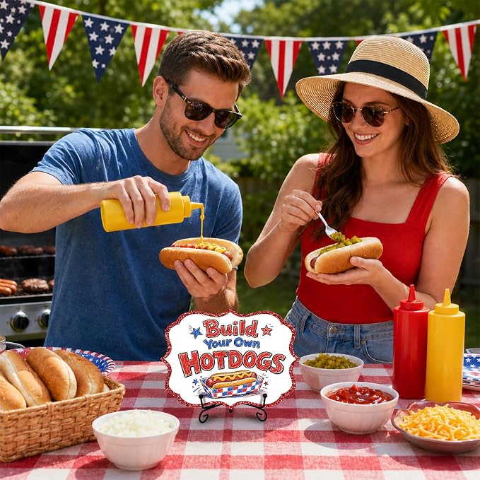 Wooden Patriotic Table Sign for Hot Dog Station, Fourth of July BBQ Buffet Decor with Metal Stand, 5 x 7 Inch Independence Day Food Display for Food Truck, Restaurant, Summer Party - A03