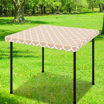 Smiry Picnic Fitted Table Cover, Square Flannel Backed Vinyl Tablecloth | Waterproof Elastic Stretch Table Cloth, Wipeable Plastic Tablecloth for Camping, Indoor & Outdoor (Khaki, 42" x 42")