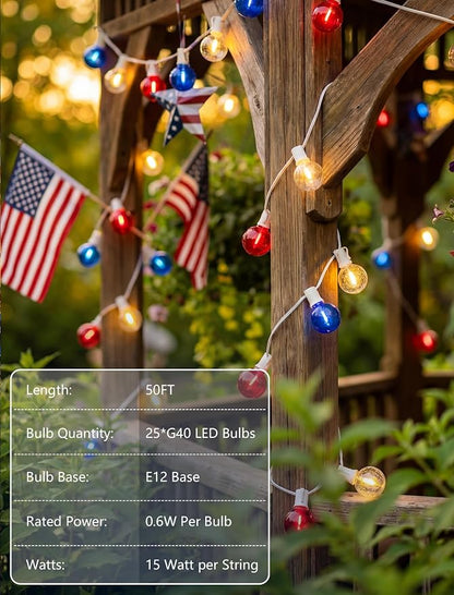SUNSGNE 4th of July Decorations G40 LED Outdoor String Lights, 50FT Globe String Lights with 25 LED Red White and Blue Lights for Patriotic Memorial Day Decor, E12 Socket Base, White Wire