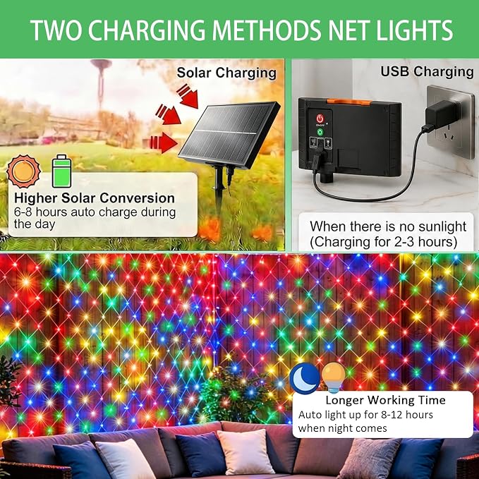 34 Colors Changing Net Lights Outdoor Solar & USB Powered, 6.5x6.5ft | RGB Solar Net Lights with Remote, 120LED Christmas Net String Lights Waterproof Green Wire Bush Lights for Backyard Patio