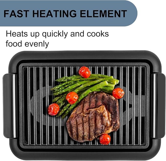 OVENTE Electric Indoor Grill, 15x10 Inch Non-Stick Plate, Black GD1510NLB | 1200W Fast Heat Up Power, Adjustable Temperature, Removable and Dishwasher Safe Grilling and Drip Tray