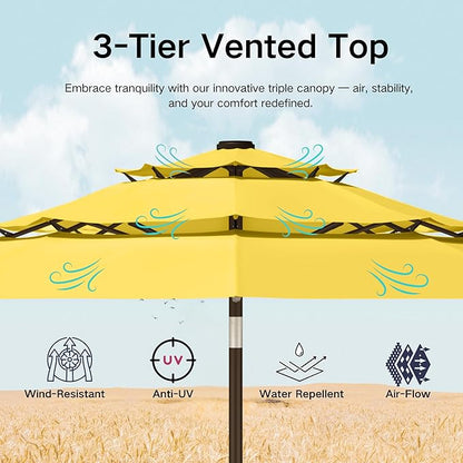 Kingdura 9ft 3-Tier Patio Umbrella with Solar Lights, Table Umbrella Outdoor Patio with Easy Crank & Tilt, 8 Sturdy Ribs, UV Protection, 32 LED Lights for Deck, Poolside, Market (Yellow)