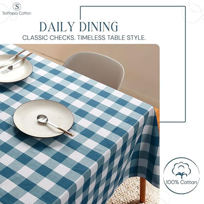 Buffalo Plaid Check 60"x84" Tablecloth 100% Cotton Washable Rustic Rectangle Table Cover Decorative for Gifts, Dining, BBQ, Buffet Parties & Camping - Teal