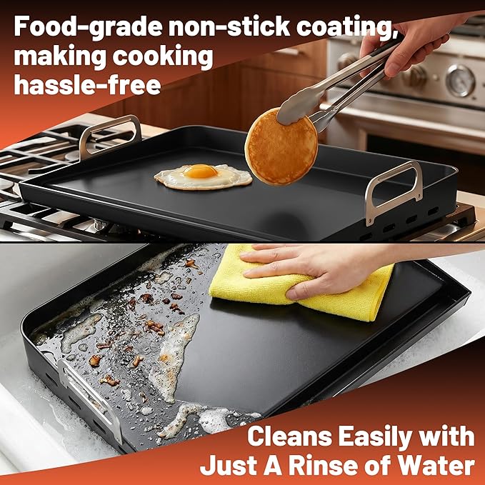 17"x13" Non-Stick Portable Steel Griddle for Gas Grill, Grill Griddle for for Weber, Nexgrill, Charbroil Grills, Easy to Clean, Fits Most Gas Stoves, Ideal for Pancakes, Bacon in Kitchen or Backyard