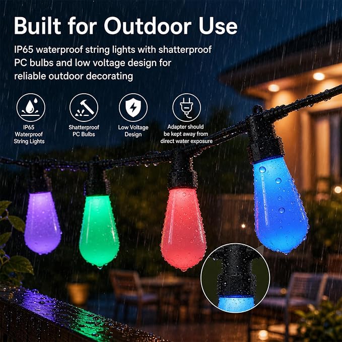 50FT Outdoor String Lights, 20 RGBW Patio Lights, App & Remote | 20 ST48 milk white bulbs with RGBW color changing light, timer and music sync for patio, porch, balcony, backyard decor
