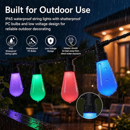 50FT Outdoor String Lights, 20 RGBW Patio Lights, App & Remote | 20 ST48 milk white bulbs with RGBW color changing light, timer and music sync for patio, porch, balcony, backyard decor