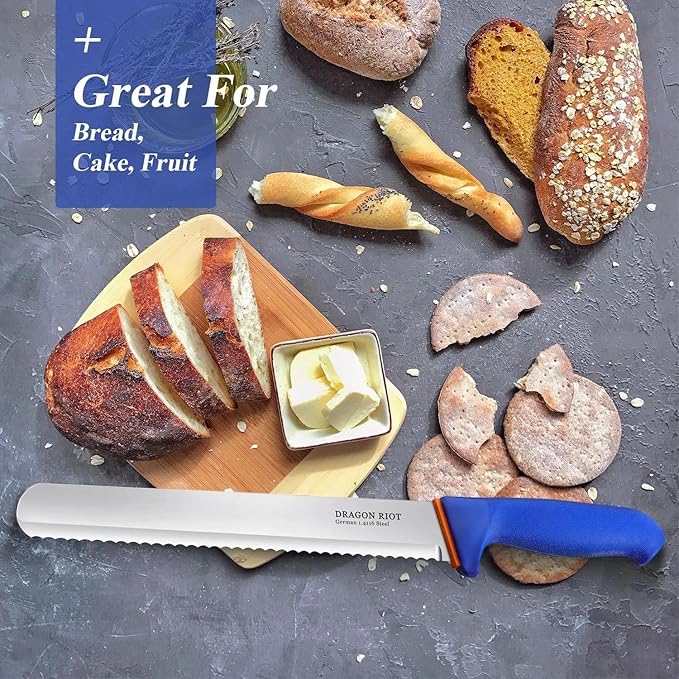 DRAGON RIOT Bread Knife 10 Inch, Ultra Sharp Serrated Bread Knife, German 1.4116 Stainless Steel Bread Slicer, Professional Bread Cutter for Sourdough, Baguette, Bagel & Cake, Non-Slip Blue Handle