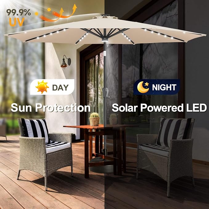 FLAME&SHADE Solar Patio Umbrella with a Centre Light, 9 FT Beige | 40 LED Lights, UV Protection, Waterproof, Porch Deck Outdoor Umbrella for Pool, Backyard, Garden, Provides Evening Lighting