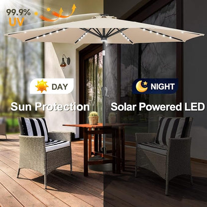 FLAME&SHADE Solar Patio Umbrella with a Centre Light, 9 FT Beige | 40 LED Lights, UV Protection, Waterproof, Porch Deck Outdoor Umbrella for Pool, Backyard, Garden, Provides Evening Lighting