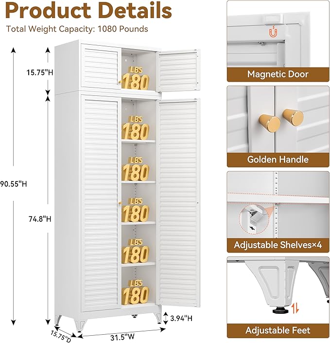Polup Kitchen Pantry Cabinet, 90" Tall Metal Storage Cabinet, Food Pantry cabinets with Doors and Shelves, Steel Cabinets for Living Room, Dining, White,16" D x 32" W x 90" H, Assembly Required