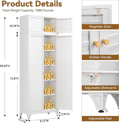 Polup Kitchen Pantry Cabinet, 90" Tall Metal Storage Cabinet, Food Pantry cabinets with Doors and Shelves, Steel Cabinets for Living Room, Dining, White,16" D x 32" W x 90" H, Assembly Required