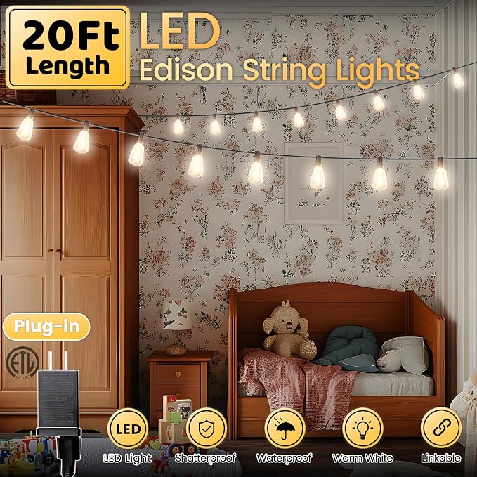 Outdoor String Lights 20FT - LED Waterproof Patio Lights Shatterproof ST38 Edison Bulbs, Connectable Hanging Vintage Lights for Outside Indoor Garden Backyard Deck Porch Party Decor