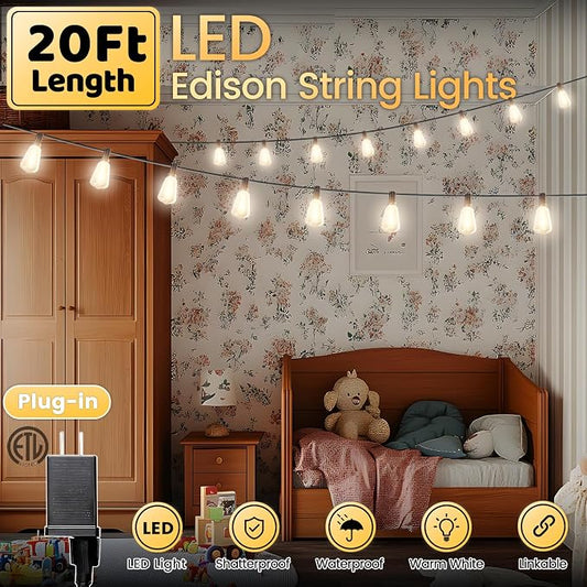 Outdoor String Lights 20FT - LED Waterproof Patio Lights Shatterproof ST38 Edison Bulbs, Connectable Hanging Vintage Lights for Outside Indoor Garden Backyard Deck Porch Party Decor